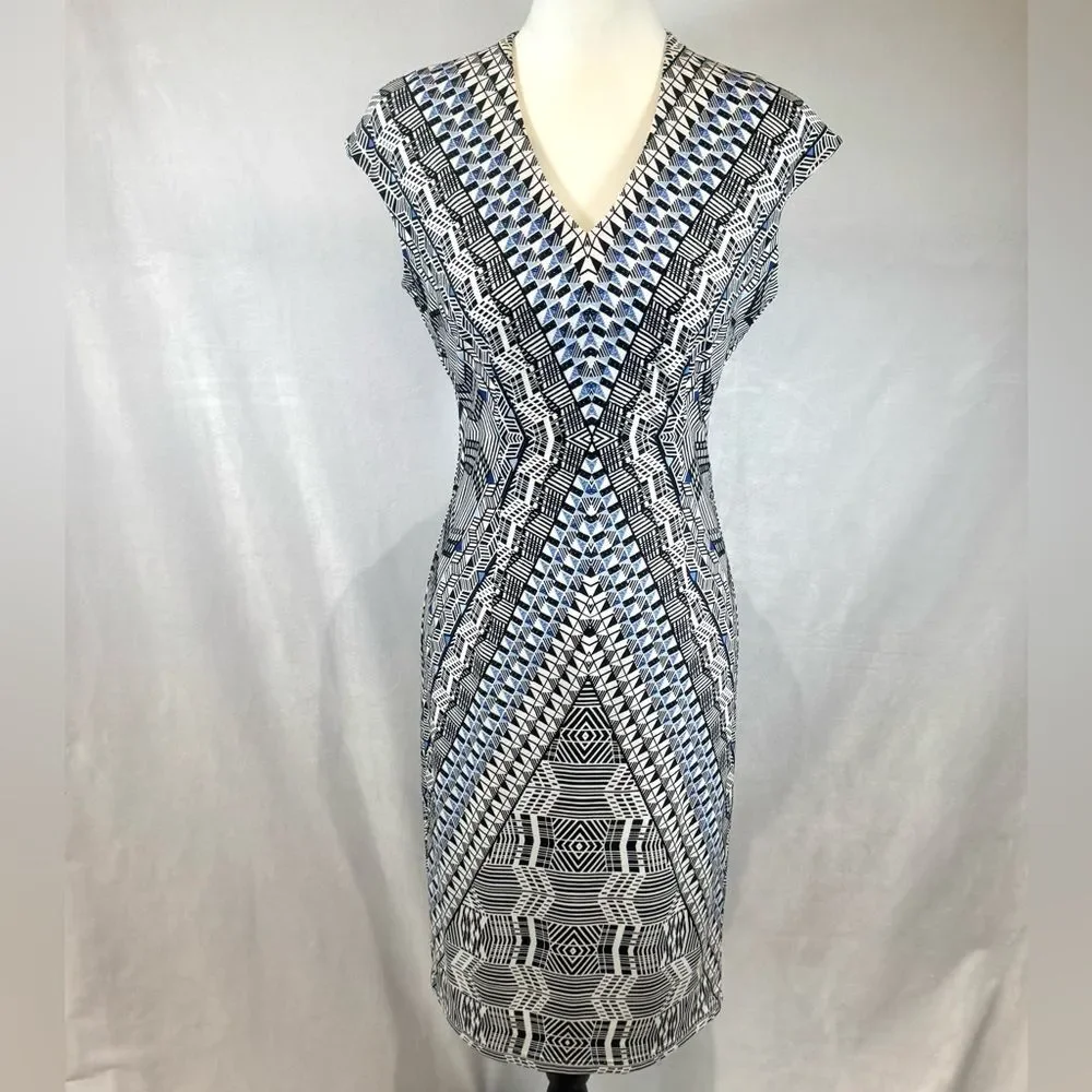 White House Black Market black white & blue geometric print sheath dress size 4